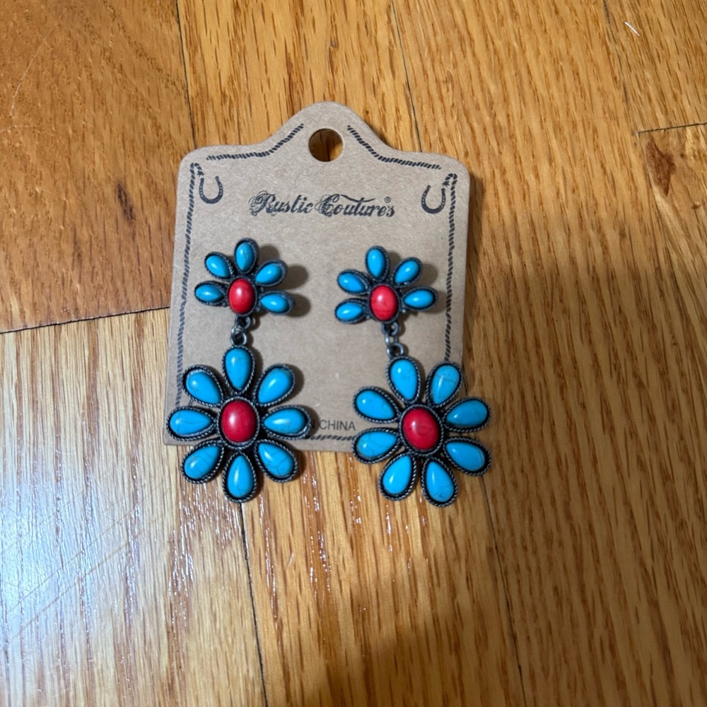 Rustic Cuff Blue and Red Flower Earrings